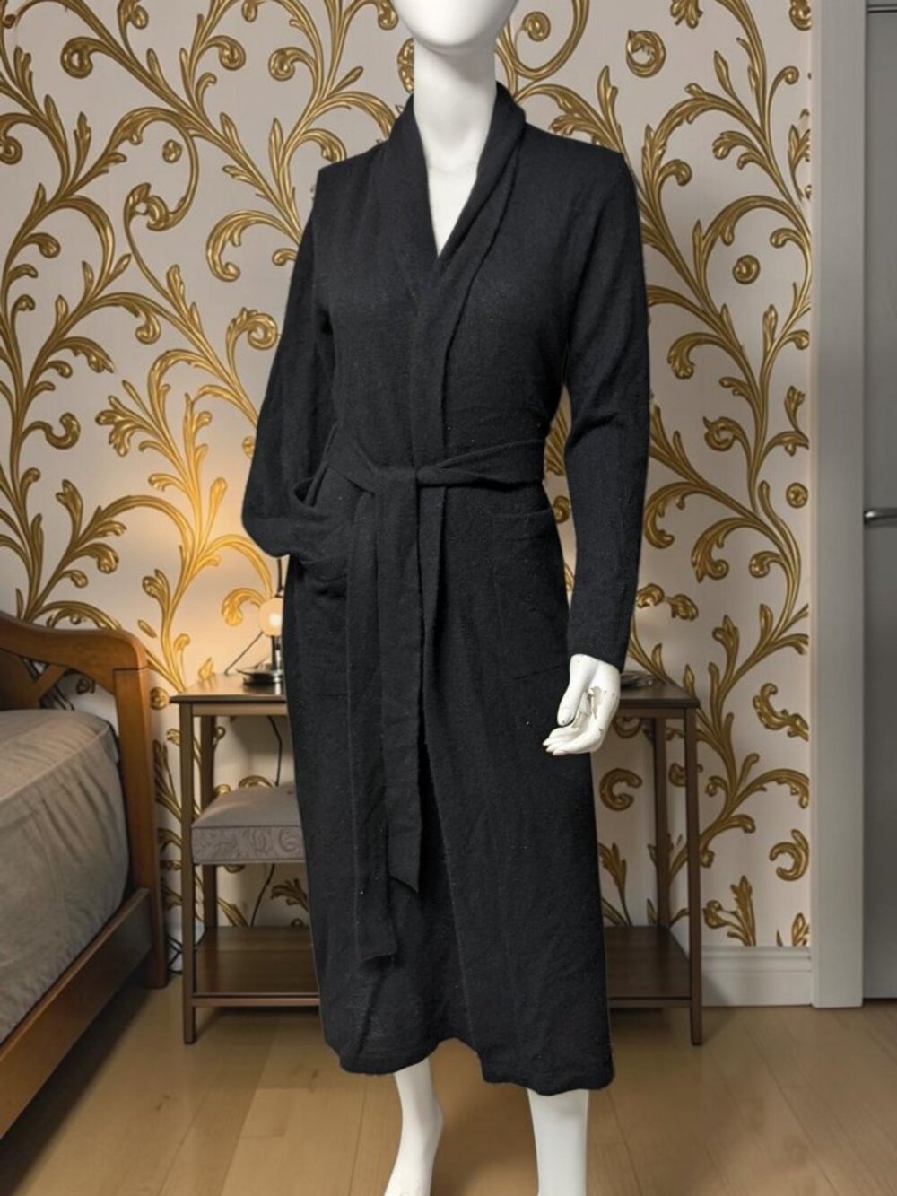White + Warren Cashmere Long Robe- Black SIZE XS New NoTags